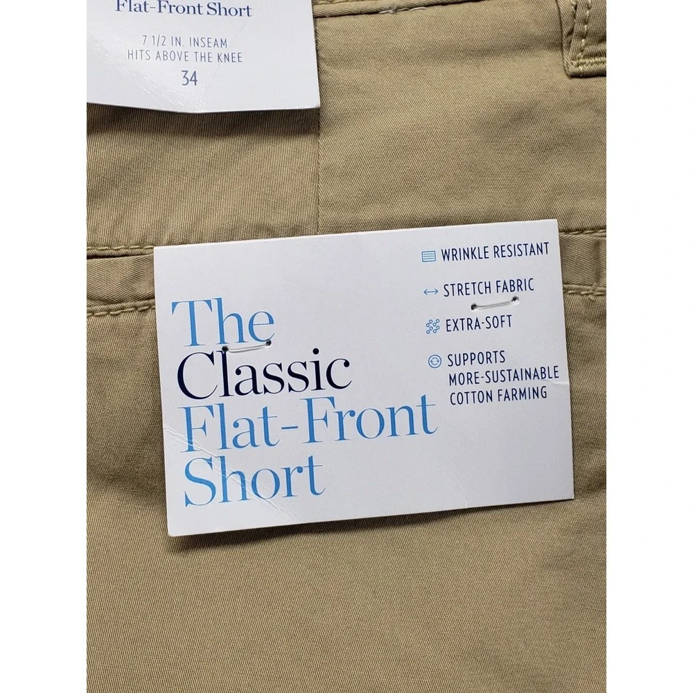 Croft & Barrow Men Short 34 Beige Chino Flat Front Stretch Slash Pockets Classic
